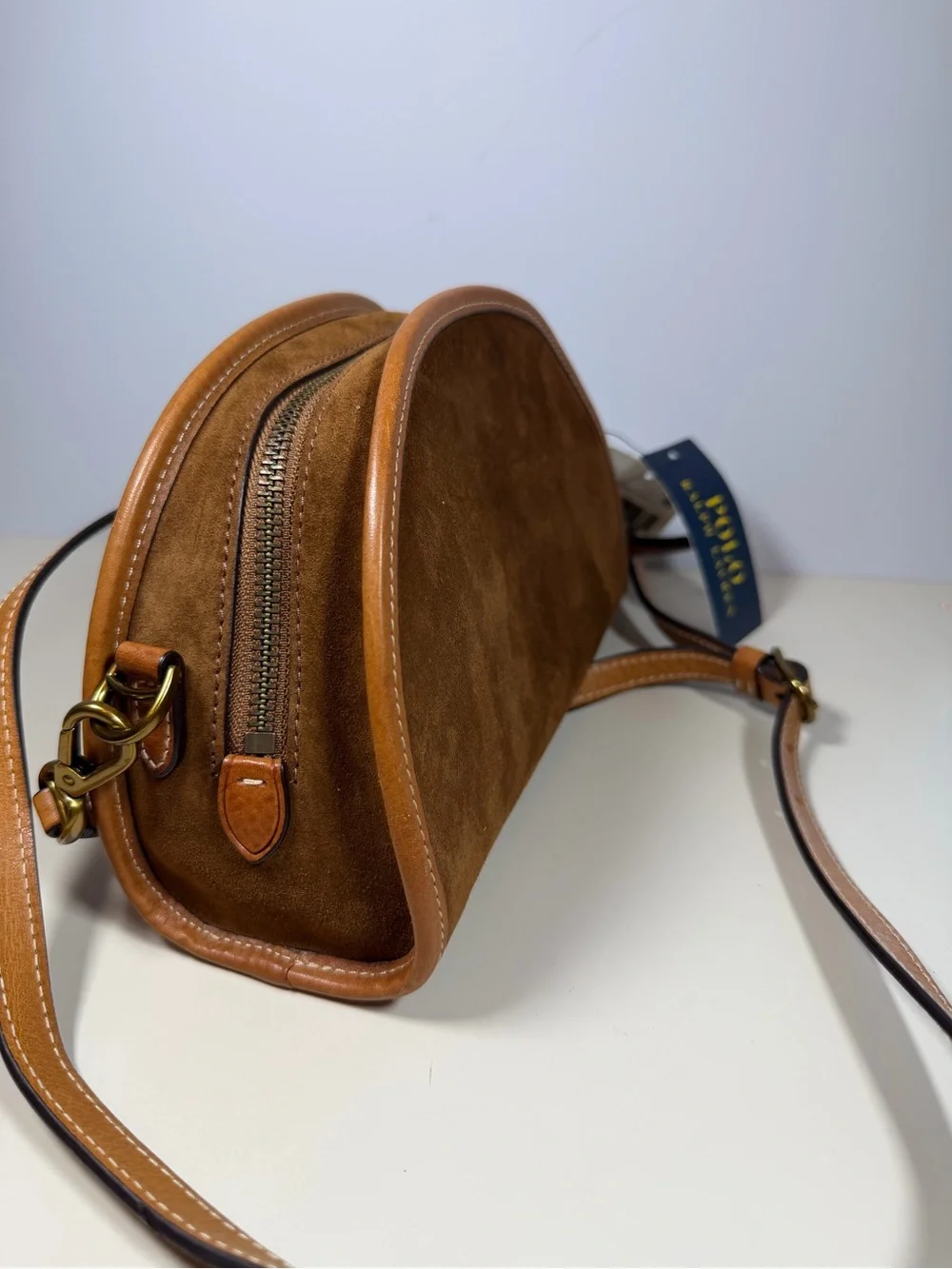 Polo by Ralph Lauren Brown Suede Half-Moon Crossbody with Tan Trim